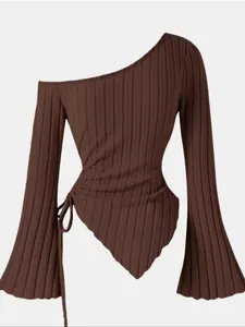 Brown one-shoulder ribbed top with flared sleeves and asymmetrical drawstring hem