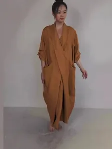 Minimalist solid color V-neck bathrobe dress with large pockets and loose casual fit