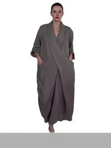 Elegant solid color casual V-neck robe dress featuring large pockets and side slit design