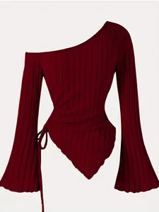 Elegant burgundy ribbed one-shoulder top with flare sleeves and asymmetrical hem