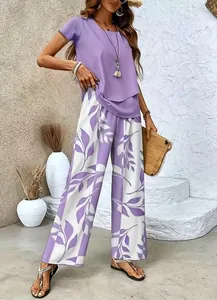 Detailed view of women's purple top and floral leaf print wide-leg pants two-piece set.