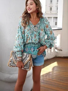 Elegant Bohemian floral print V-neck long sleeve blouse for women in mint green holiday style