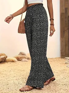 Pantalon Large à Taille Haute Smockée pour Femmes Polyester Imprimé Floral à Pois Décontracté Ample Vacances