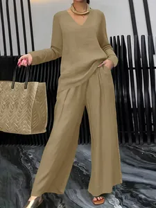 Khaki Freizeitset mit langärmligem V-Ausschnitt Oberteil und weiter Hose für Damen