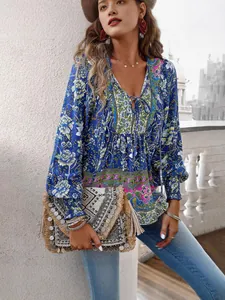 Bohemian blue floral print V-neck long-sleeve blouse for women with tie front detail