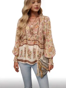Bohemian floral print V-neck tie-up long sleeve blouse for women casual vacation style