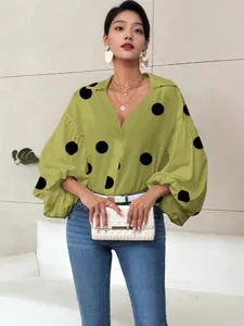Chic lime green polka dot long sleeve blouse with elegant puff sleeves for women