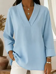 Women Elegant V-Neck Shawl Collar Blouse Loose Fit Solid Color Nine-Quarter Sleeve Shirt Office Lady Casual Tops