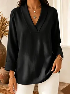 Elegant black shawl collar V-neck blouse for women, casual loose fit long sleeve top shirt.