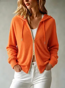 Donna Francese Felpa con Cappuccio e Zip Cardigan in Maglia Tinta Unita Larga Sottile Maglione Autunno Casual Top in Poliestere