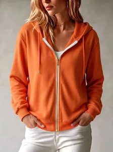 Cardigan in maglia con cappuccio e zip da donna arancione vivace in stile francese vestibilità ampia