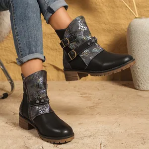 Floral print patchwork ankle boots with chunky heel, buckles and embossed rose patterns