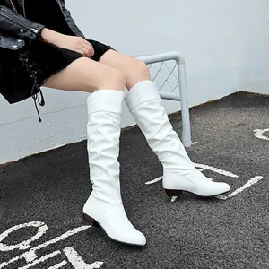 Stylish white slouchy mid-calf boots with a round toe and low heel design for women