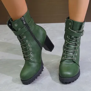 Bottes Martin pour Femmes Talon Haut Bloc Bout Rond Fermeture Éclair Latérale Lacets Cuir PU Bottines de Mode