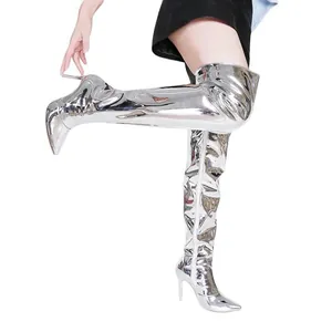 Detailed view of silver metallic thigh-high boots with sharp pointed toes and stiletto heels