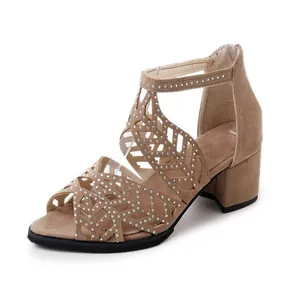 Side view of elegant taupe cutout chunky heel sandals featuring rhinestone accents