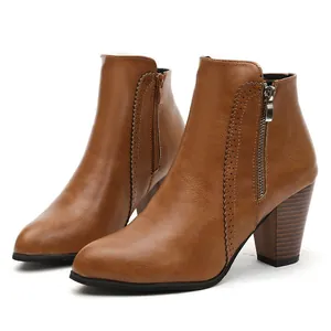 Elegant tan leather block heel ankle boots for women with side zipper and scalloped trim