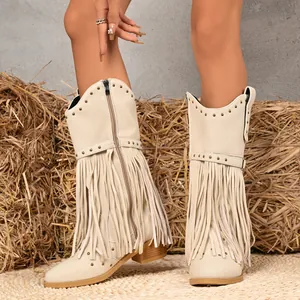 Women's Western Cowboy Boots Tassel Fringed Rivet Belt Buckle Pointed Toe Chunky Heel Mid-Calf PU Leather Boots Autumn Winter
