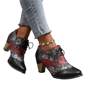 Vintage ethnic floral print ankle boots with chunky high heels and pointed toes