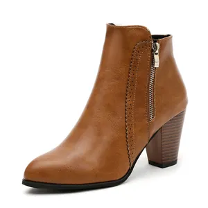 Women Fashion PU Leather Martin Boots Pointed Toe Thick High Heel Ankle Boots Side Zipper Autumn Winter Plus Size