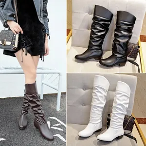 Women Slouchy Mid Calf Boots Fashion Chunky Low Heel PU Leather Martin Boots Solid Color Pointed Round Toe Pull On Dress Boots