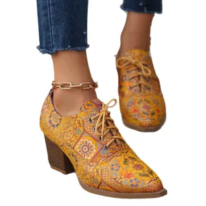 Vintage ethnic floral print chunky heel lace-up pumps for women, elegant spring footwear