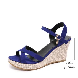 Detailed view of blue wedge sandals showing 9.0cm heel height and woven platform