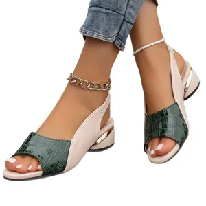 Chic women's patchwork peep-toe sandals with crocodile texture and gold block heel detail