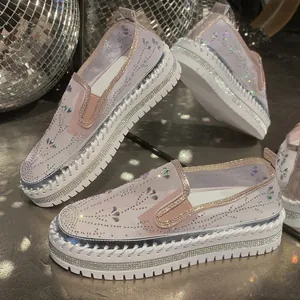 Stylish sparkly rhinestone platform loafers featuring mesh upper and thick white soles