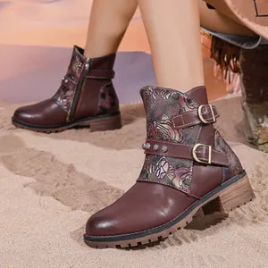 Western style maroon cowboy boots for women with floral print stitching and chunky heels
