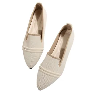 Elegant beige pointed toe knit flat shoes for women with breathable slip-on design