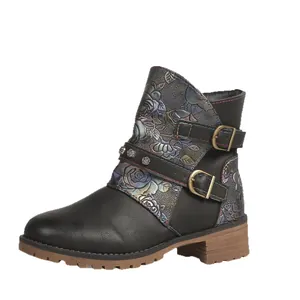 Stylish vintage western floral print ankle boots with chunky heel and buckle straps