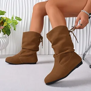 Slouchy Mid-Calf Boots for Women Fashion Flat Heel Faux Suede Slouch Boots with Back Lace-Up Solid Color Daily Autumn Winter