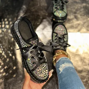 Women's Fashion Colorful Rhinestone Platform Loafers Sparkly Lace-up Casual Shoes Low Top Sneakers With Satin Ribbon For Party Daily