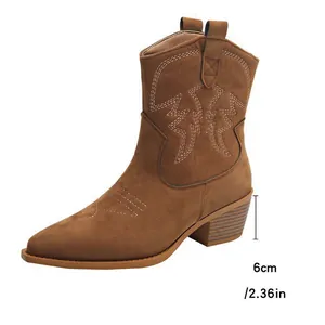 Brown suede western cowboy ankle boots featuring a 6cm block heel for detailed sizing