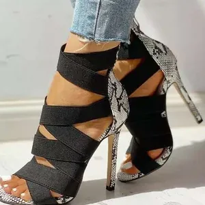 Women Sexy Roman Sandals Snake Print Stiletto High Heels Cross Straps Back Zipper Open Toe Summer Party Evening Dress Shoes