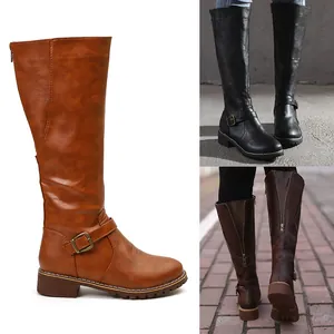 Detail view of women's knee-high knight boots with buckle strap and back zipper in multiple colors