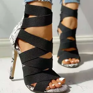 Black cross strap Roman sandals with snake skin pattern stiletto high heels for women