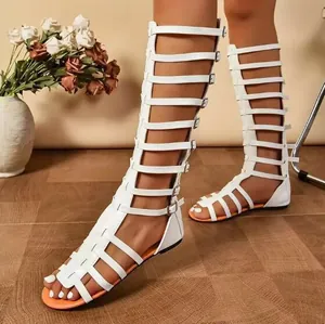 Sandales Gladiateur Hautes pour Femmes Bottines Romaines Plates Ajourées avec Brides à Boucle Chaussures d'Été Décontractées Grande Taille