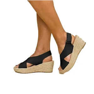 Detailed side view of women's black cross strap wedge sandals with espadrille platform