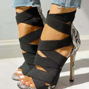 Sexy Roman sandals featuring black cross-straps and snake pattern thin high heels for women