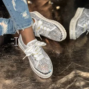 Fashionable women's sparkly rhinestone platform sneakers with 3cm thick sole