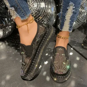 Stylish black mesh platform loafers with colorful sparkling rhinestones and thick soles