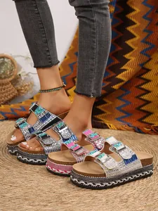 Bohemian rhinestone platform cork sandals for women in multiple colors