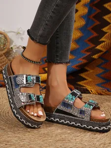 Boho platform sandals with rhinestones and double buckle straps