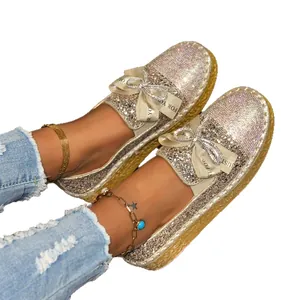 Elegant sparkly rhinestone bow loafers for women with shimmering silver glitter finish