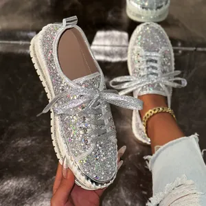 Damen Strass Pailletten Plateau Sneaker Schnürung Bling Freizeitschuhe Dicke Sohle Mode Low Top Casual Einzelschuhe Übergröße