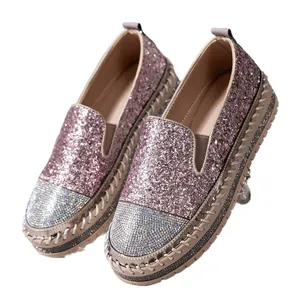 Elegant women's pink sequin and silver rhinestone loafers with thick platform soles