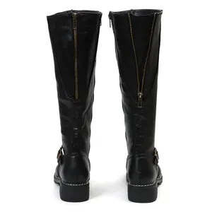 Detailed back view of black women's knee-high boots featuring long vertical metal zippers
