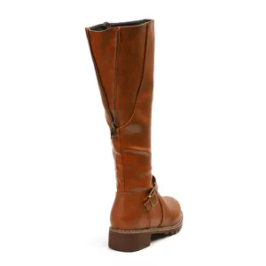 Rear view detail of brown tall knight boots featuring back zipper and ankle buckle
